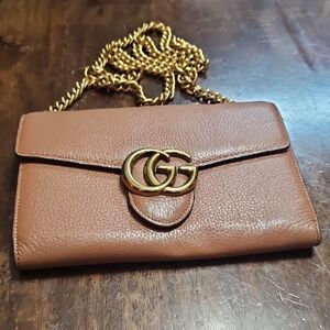 Gucci Brown Leather Clutch with Gold Chain
